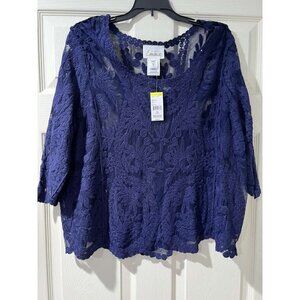 Emma WOMENS PLUSCROCHET Women EMB TOP ECLIPSE Blue Size 1X